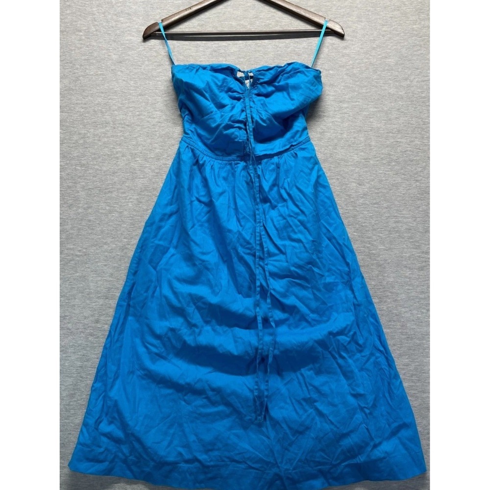 Loft Strapless A Line Dress Womens 00P Blue Cotton Smocked Back Flowing Hem